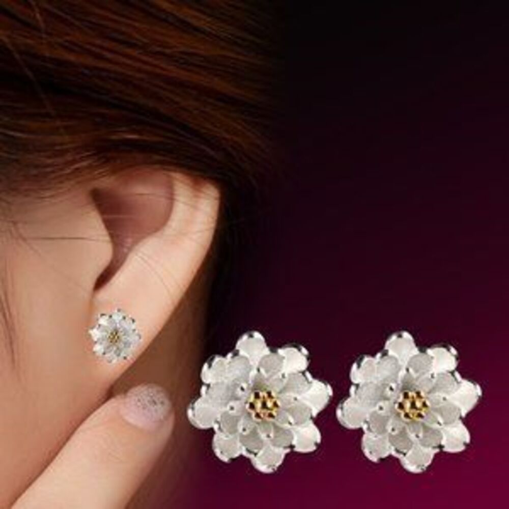 NEW 925 Sterling Silver Lotus Flower Stud Earrings